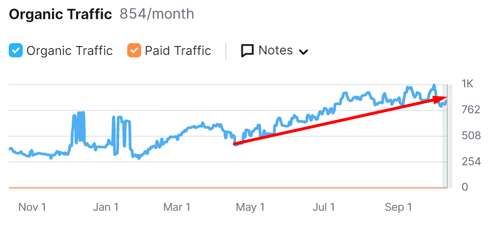 Traffic dynamics chart since the start of SEO work, USA region